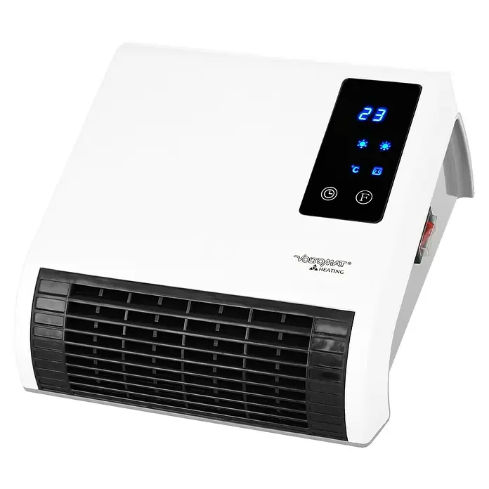 Voltomat HEATING Heizlüfter - 1.000 W - 2.000 W, Weiß, 29,5 x 19 x 31,6 cm, IP22 - Nahaufnahme einer weißen Voltomt Heizung mit digitaler Anzeige und Lüftungsgitter.