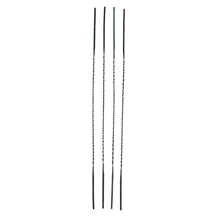Scheppach Rundsägeblätter - 130 x 1,03 x 0,38 mm, 38 Stk., Dekupiersägen, 12 Stk. - Nahaufnahme von vier hochformatigen, tragbaren Drahtsägen, ideal für den Einsatz im Freien.