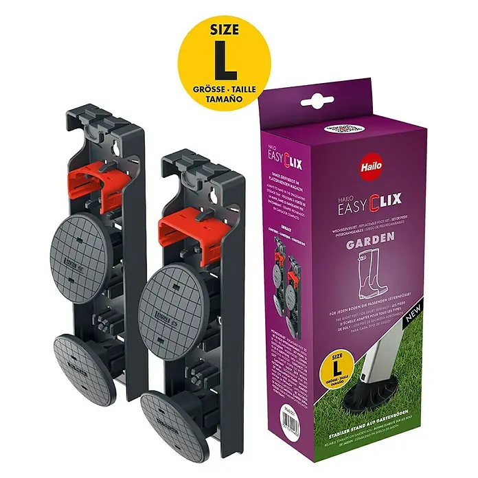 Hailo Wechselfuß-Set Easy Clix Garden L - Passend für: Hailo Stufenstehleitern (ab Baujahr 2015) - Hailo Easy Clix Garden Wechsel-Fuß Set: Zuverlässige Stabilität auf Gartenböden mit passenden Leiterfüssen in Größe L.