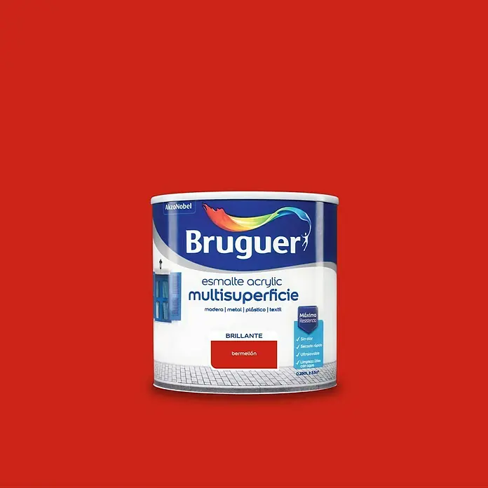 Bruguer Esmalte de color Acrylic multisuperficie - Bermellón, Brillante, 250 ml, Base de agua - Bote de pintura multi superficie acrílica "Bermellón" de Bruguer. Secado rápido, sin olor, ultra lavable y apta para madera, metal, plástico y textiles.