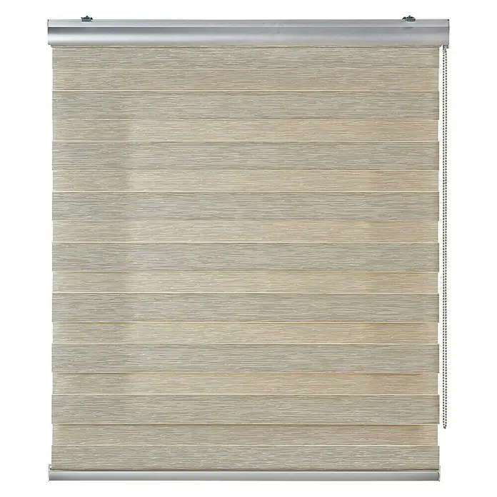 Estor noche y día Platinum - An x Al: 160 x 250 cm, Beige - Persiana veneciana horizontal a rayas en tonos beige y gris, ideal para la privacidad y el control de la luz.