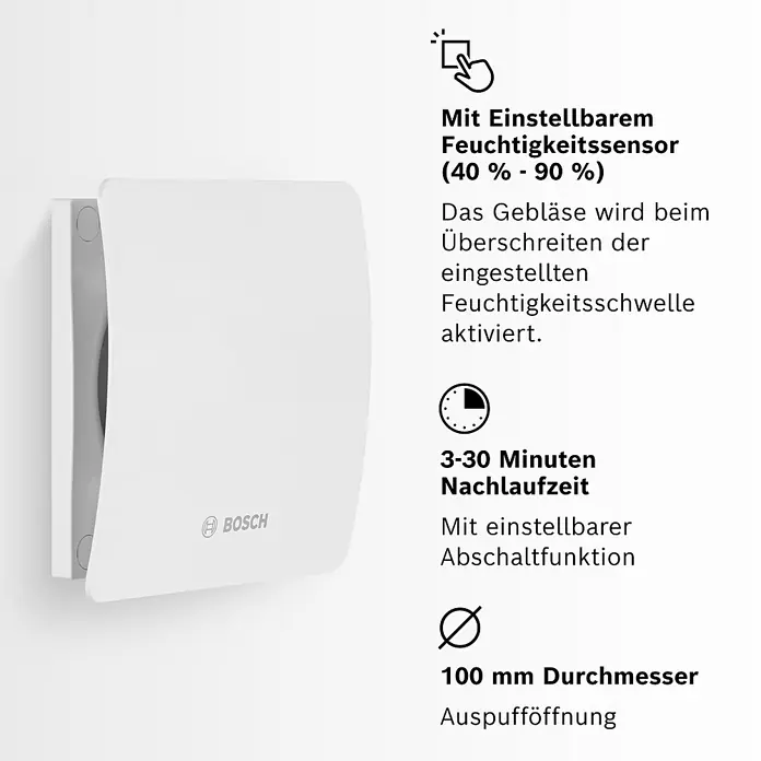 Bosch Wandventilator Fan 1500 DH - Weiß, 10 cm - Produktbild eines Bosch Feuchtigkeitssensors mit einstellbarer Abschaltfunktion und einem Durchmesser von 100 mm.