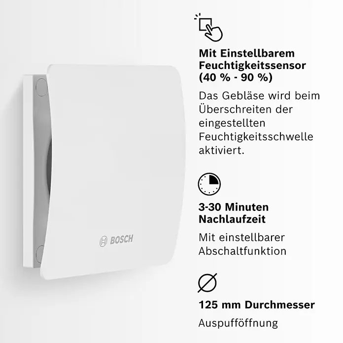 Bosch Wandventilator Fan 1500 DH - Weiß, 12,5 cm - Produktbild: Bosch-Lüfter mit Feuchtigkeitssensor, einstellbarer Nachlaufzeit und Abschaltfunktion, Auspufföffnung 125 mm Durchmesser.