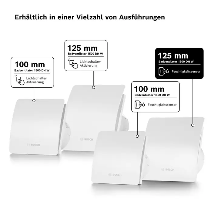 Bosch Wandventilator Fan 1500 DH - Weiß, 12,5 cm - Produktbild eines Bosch Badventilators 1500 DH W in verschiedenen Ausführungen mit Größen 100 mm und 125 mm und verschiedenen Sensoren.