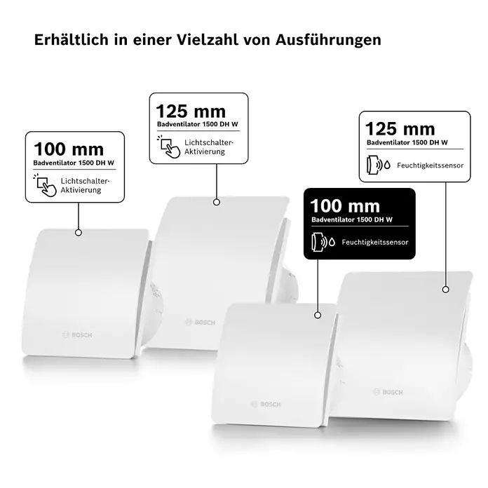 Bosch Wandventilator Fan 1500 DH - Weiß, 10 cm - Das Bild zeigt eine Auswahl an Bosch Badventilatoren 1500 DH W, erhältlich in Größen von 100 mm und 125 mm mit verschiedenen Sensoren.