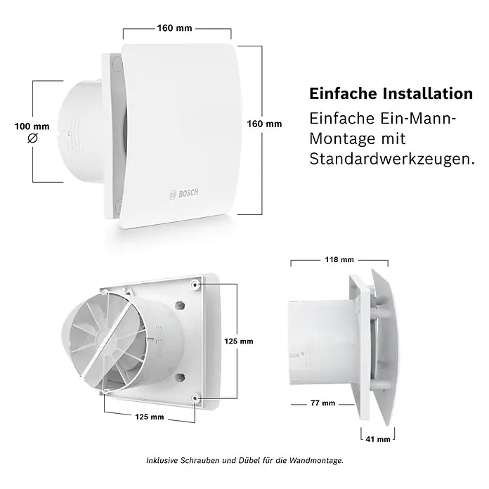 Bosch Wandventilator Fan 1500 DH - Weiß, 10 cm - Abbildung eines Bosch Wandlüfters mit detaillierten Maßangaben und Hinweisen zur einfachen Installation mit Standardwerkzeugen.