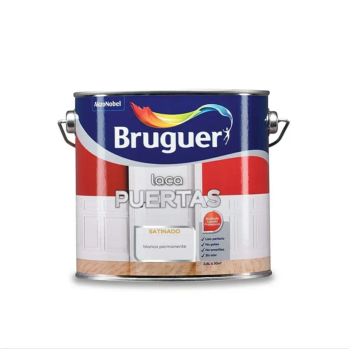 Bruguer Esmalte blanco para puertas - Blanco, 2,5 l, Satinado - Laca para puertas Bruguer en blanco satinado, lata de 2,5L. Ideal para un acabado liso, sin goteo, sin amarilleo y sin olor.