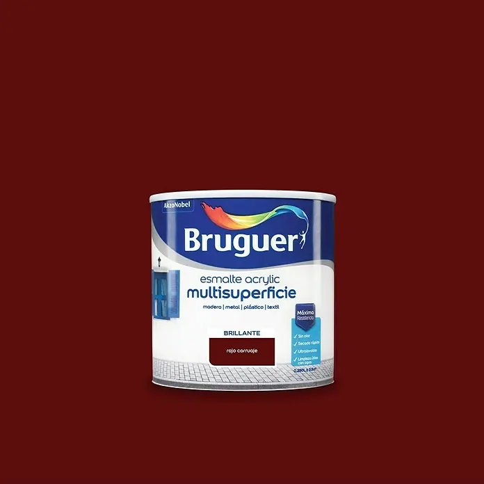 Bruguer Esmalte de color Acrylic multisuperficie - Rojo carruaje, Brillante, 250 ml, Base de agua - Bote de pintura acrílica multi superficie Bruguer en rojo brillante, apta para madera, metal, plástico y textiles, para máxima resistencia.