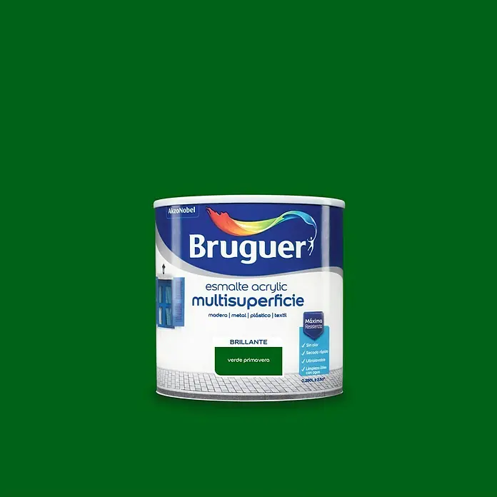 Bruguer Esmalte de color Acrylic multisuperficie - Verde primavera, Brillante, 250 ml, Base de agua - Bote de pintura acrílica Bruguer Multisuperficie en verde primavera, apta para madera, metal, plástico y textiles, para superficies brillantes.