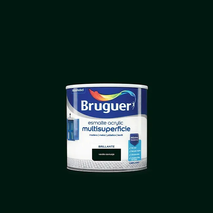 Bruguer Esmalte de color Acrylic multisuperficie - Verde carruaje, Brillante, 250 ml, Base de agua - Bote de esmalte acrílico multi-superficie Bruguer en verde brillante. Ideal para madera, metal, plástico y textiles, sin olor y de secado rápido.