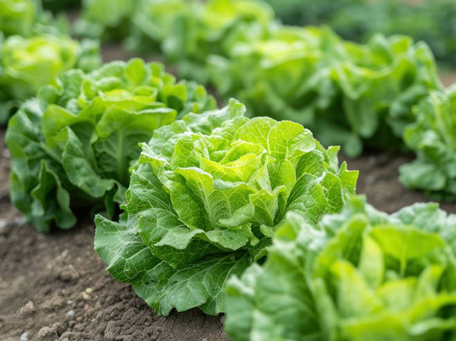 Kopfsalat in Reihen angesetzt im Gemüsebeet