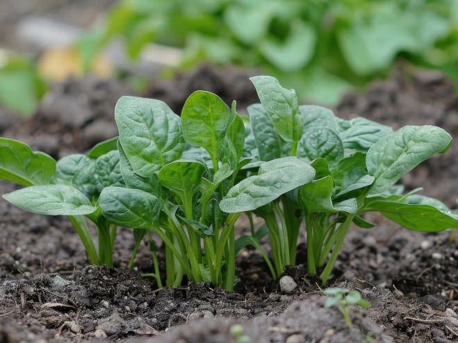 Spinat wächst im Beet aus der Erde