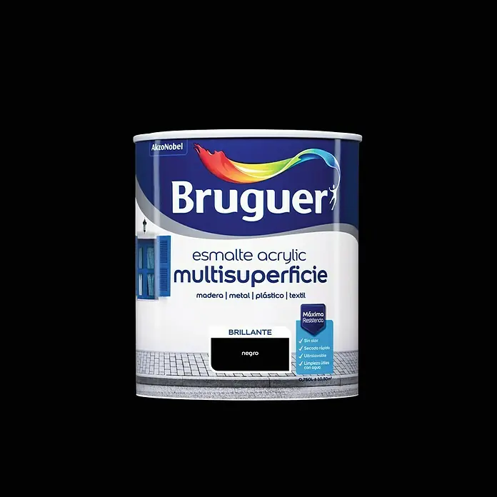 Bruguer Esmalte de color Acrylic multisuperficie - Negro, Brillante, 750 ml, Base de agua - Bote de esmalte acrílico multisuperficie Bruguer, brillante, en negro. Apto para madera, metal, plástico y textiles, máxima resistencia.