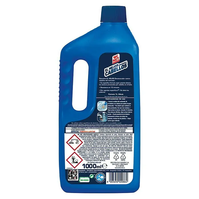Desatascador Cabellos WCNET - 1 l, Botella - Desatascador WC Net para bloqueos de cabello. Fórmula eficaz para tuberías claras.