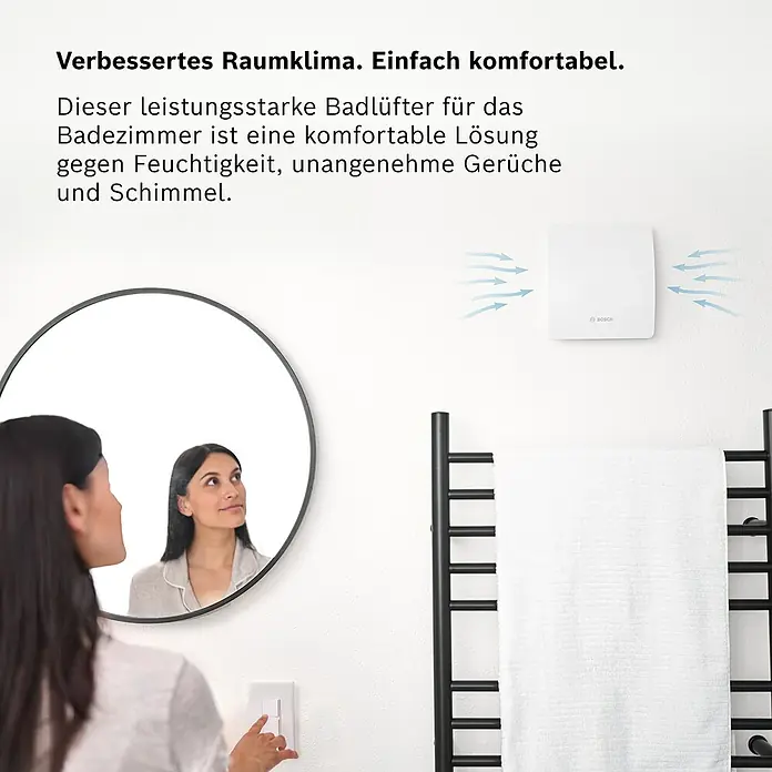 Bosch Wandventilator Fan 1500 - Weiß, 12,5 cm - Leistungsstarker Bosch Badlüfter sorgt für ein verbessertes Raumklima, komfortabel gegen Feuchtigkeit, Gerüche und Schimmel.