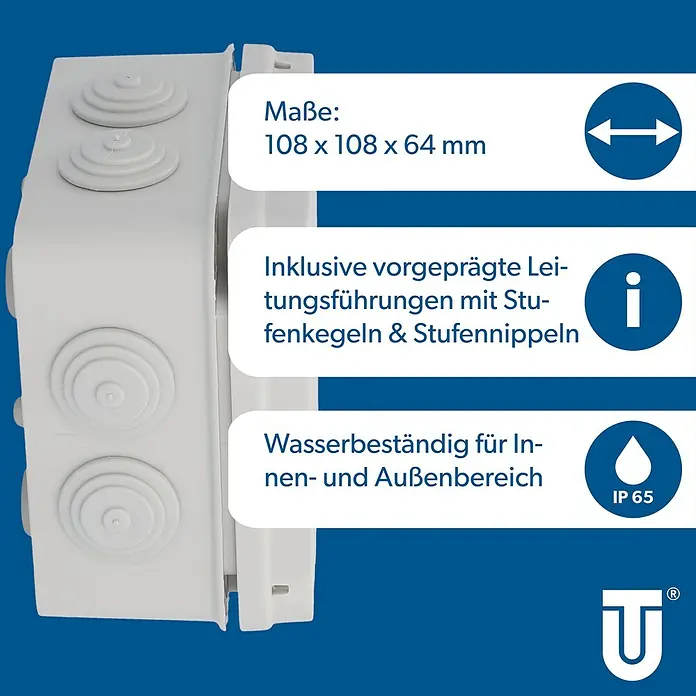 Feuchtraum-Abzweigdose - 108 x 108 x 64 mm, Aufputz, IP65 - Abbildung einer weißen Abzweigdose mit Informationen zu Maßen, Leitungsführungen und Wasserdichtigkeit.