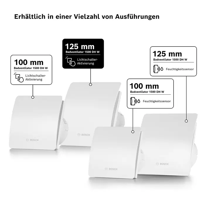 Bosch Wandventilator Fan 1500 - Weiß, 12,5 cm - Bild von Bosch Badventilatoren 1500 DH W in verschiedenen Ausführungen (100 mm und 125 mm) mit Lichtschalteraktivierung und Feuchtigkeitssensor.