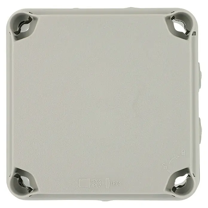 Feuchtraum-Abzweigdose - 108 x 108 x 64 mm, Aufputz, IP65 - Graue rechteckige IP65/IP67-Anschlussdose mit vier Befestigungslaschen an den Ecken für elektronische Installationen und Schutz vor Staub und Wasser.