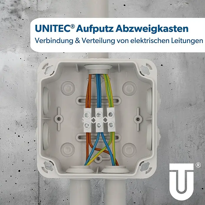 Feuchtraum-Abzweigdose - 108 x 108 x 64 mm, Aufputz, IP65 - Aufputz Abzweigkasten von Unitec zur sicheren Verbindung und Verteilung von elektrischen Leitungen. Zuverlässige Installation für Ihr Zuhause.