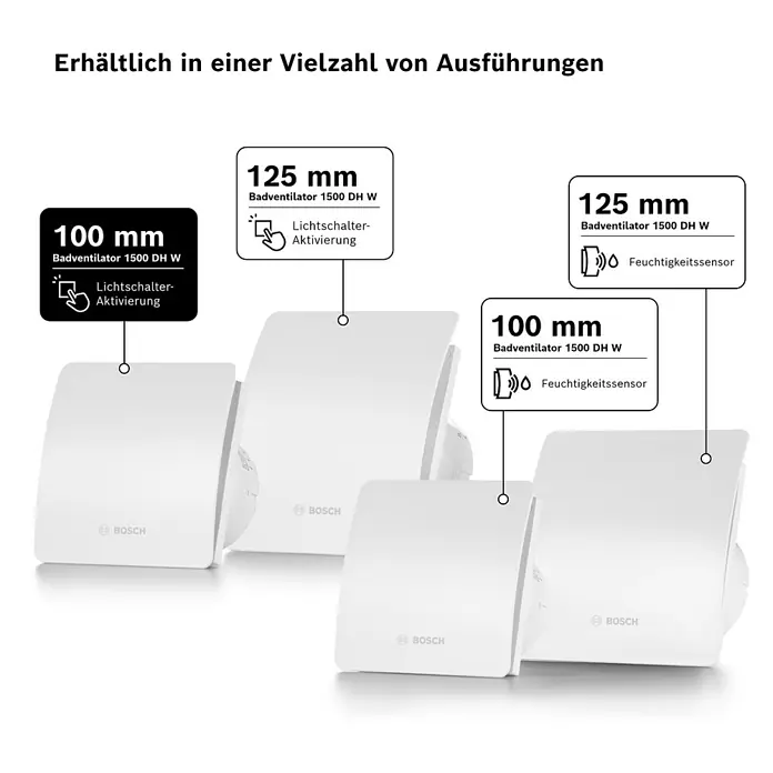 Bosch Wandventilator Fan 1500 - Weiß, 10 cm - Das Bild zeigt eine Auswahl von Bosch Badventilatoren in verschiedenen Ausführungen und Größen, 100 mm und 125 mm, mit unterschiedlichen Funktionen.