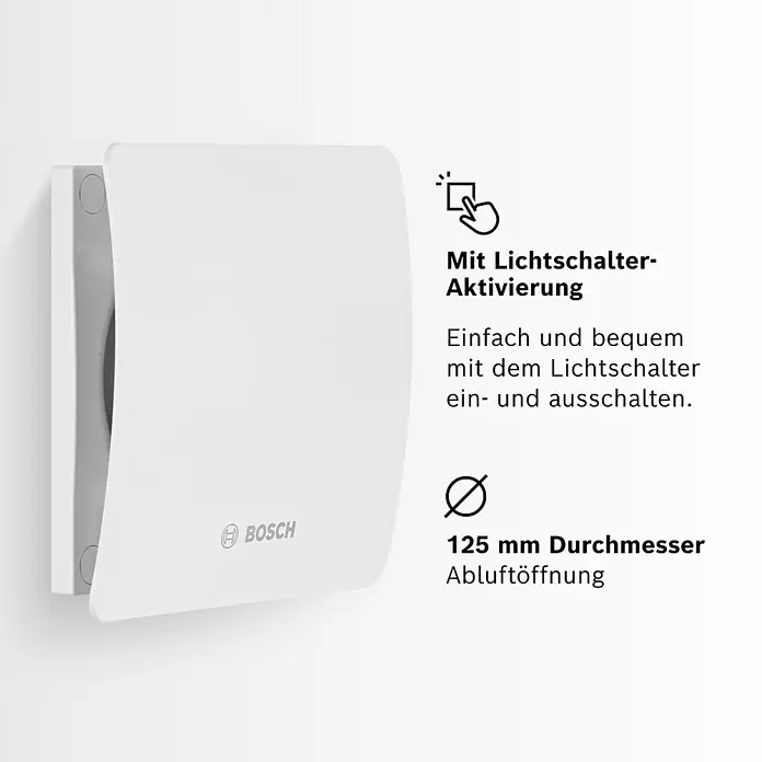 Bosch Wandventilator Fan 1500 - Weiß, 12,5 cm - Bild eines weißen Bosch-Lüfters mit Lichtschalteraktivierung und 125 mm Durchmesser.