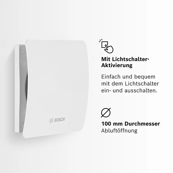 Bosch Wandventilator Fan 1500 - Weiß, 10 cm - Abbildung eines Bosch Abluftventilators mit Lichtschalteraktivierung und einem Durchmesser von 100 mm.