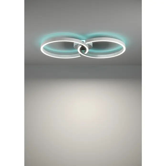 Eglo LED-Deckenleuchte Amandolo - 19,5 W, L x B x H: 67 x 38 x 6,5 cm, Weiß, RGB - Moderne weiße LED-Deckenleuchte mit zwei ineinander verschlungenen Ringen, die weißes Licht nach unten und einen blauen Schein nach oben abstrahlt.