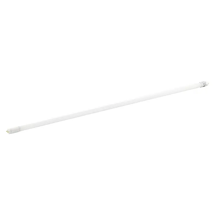 Eglo LED-Röhre - Länge: 59 cm, Neutralweiß, 10 W, 1.100 lm, G13 - Eine lange, schlanke Leuchtstoffröhre, ideal für Büros oder Werkstätten, liegt diagonal auf einer weißen Oberfläche vor einem schwarzen Hintergrund.
