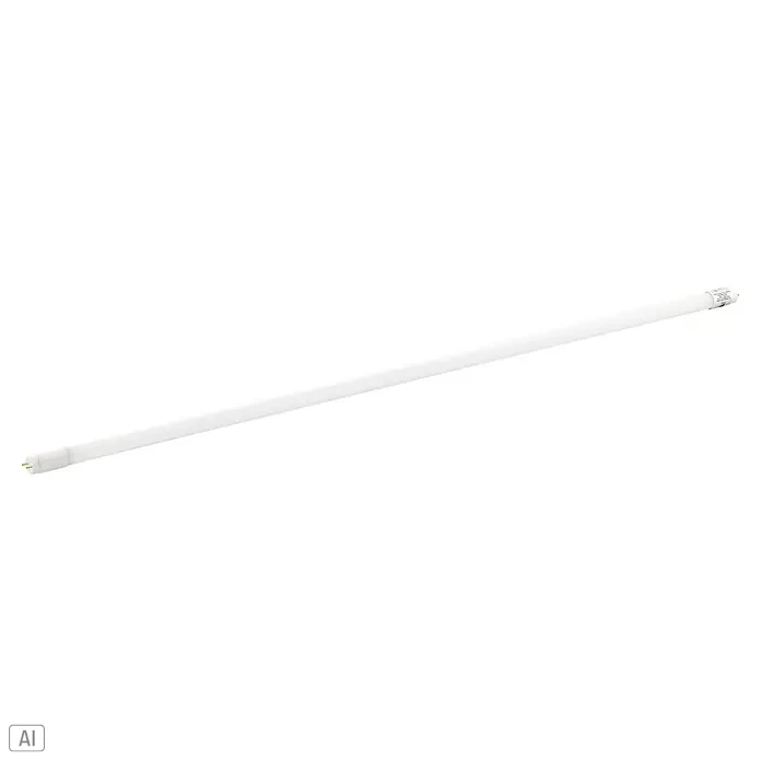 Eglo LED-Röhre - Länge: 59 cm, Neutralweiß, 10 W, 1.100 lm, G13 - Eine lange, schlanke Leuchtstoffröhre, ideal für Büros oder Werkstätten, liegt diagonal auf einer weißen Oberfläche vor einem schwarzen Hintergrund.