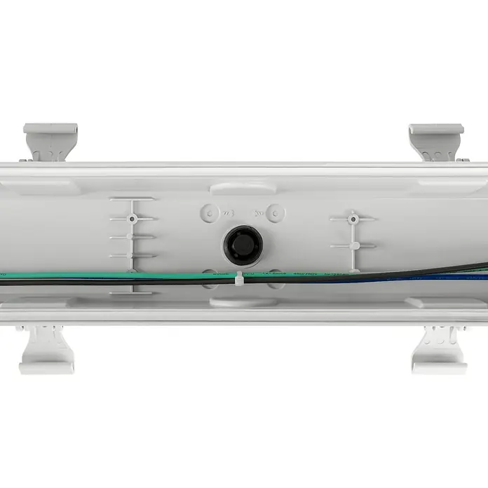 Eglo Feuchtraumleuchte Expert Prime - 24 W, L x B x H: 119 x 8,5 x 8 cm, Grau, Neutralweiß - Weißes elektrisches Kunststoffgehäuse mit grünen, schwarzen und blauen Innenkabeln, mit Kabelbinder befestigt.