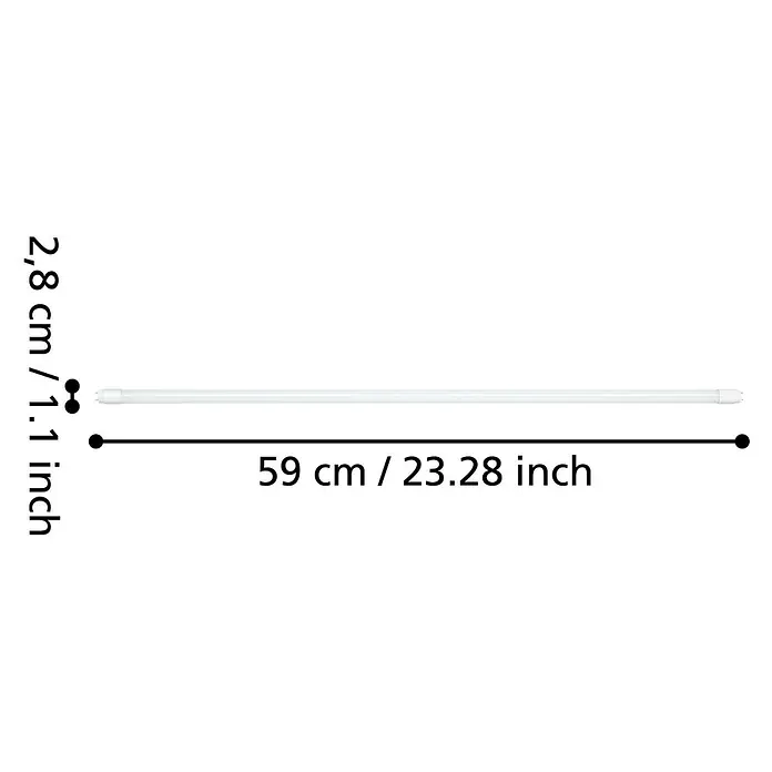 Eglo LED-Röhre - Länge: 59 cm, Neutralweiß, 10 W, 1.100 lm, G13 - Abbildung einer LED-Röhre mit den Maßen 59 cm Länge und 2,8 cm Durchmesser.