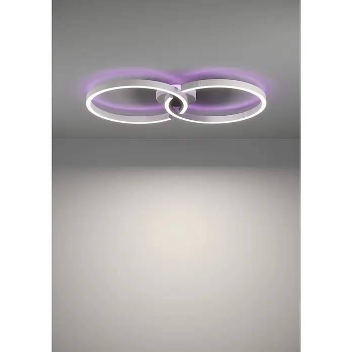 Eglo LED-Deckenleuchte Amandolo - 19,5 W, L x B x H: 67 x 38 x 6,5 cm, Weiß, RGB - Moderne weiße Deckenleuchte mit verschlungenen Ringen, die weißes und violettes Umgebungslicht abgibt.