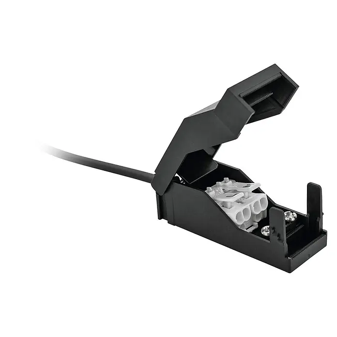 Eglo LED-Einbauleuchte SALICETO - 6 W, Warmweiß - Detailaufnahme einer schwarzen Verteilerdose mit geöffnetem Deckel, die interne, weiße Anschlussklemmen und ein angeschlossenes Kabel zeigt.