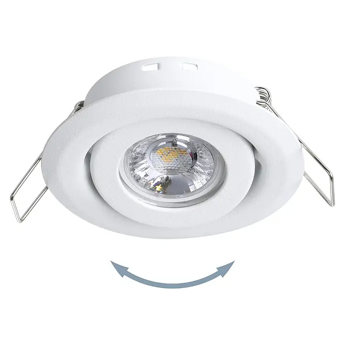 Eglo LED-Einbauleuchten-Set rund SALICETO MINI-PUCK 2 - 4,2 W, Ø x H: 7,7 x 2,3 cm, Weiß, Warmweiß - Nahaufnahme eines weißen Einbaustrahlers mit verstellbarem Kopf und LED-Lichtquelle. Ideal für moderne Innenräume und gezielte Beleuchtung.