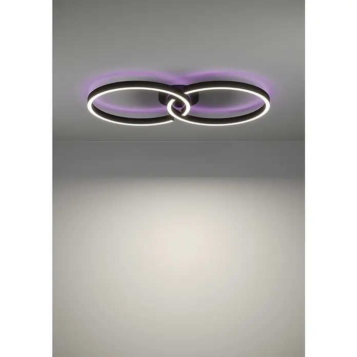 Eglo LED-Deckenleuchte Amandolo - 19,5 W, L x B x H: 67 x 38 x 6,5 cm, Schwarz, RGB - Schwarze LED-Deckenleuchte mit ineinander verschlungenen Ringen, weißem Licht und lila Hintergrundbeleuchtung.