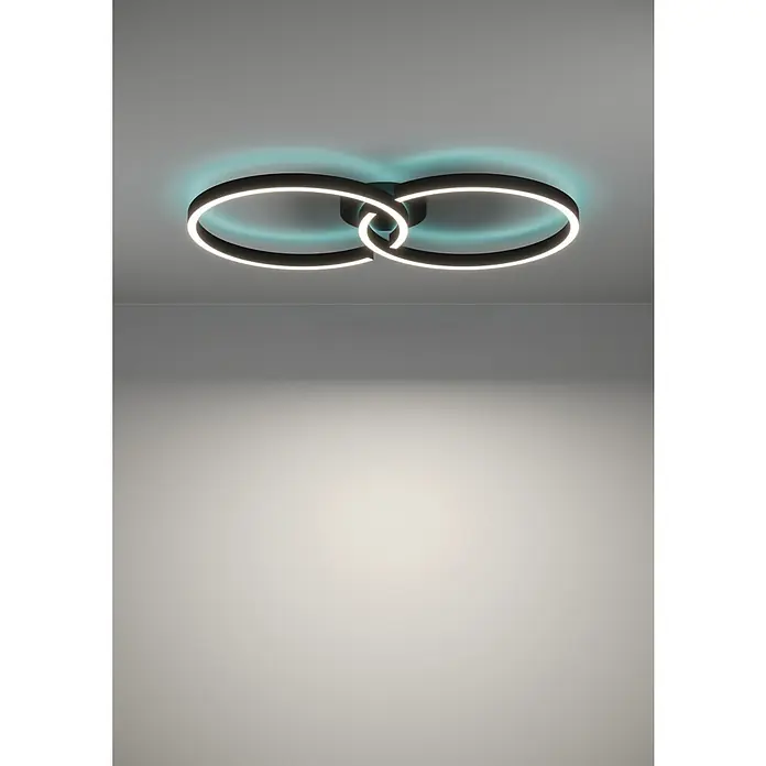 Eglo LED-Deckenleuchte Amandolo - 19,5 W, L x B x H: 67 x 38 x 6,5 cm, Schwarz, RGB - Schwarze Deckenleuchte mit zwei ineinandergreifenden Ringen, beleuchtet.