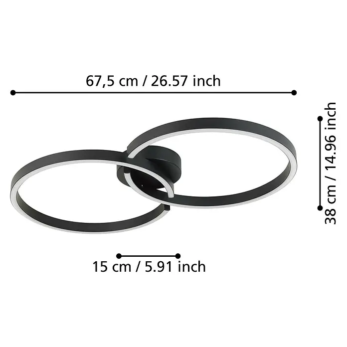 Eglo LED-Deckenleuchte Amandolo - 19,5 W, L x B x H: 67 x 38 x 6,5 cm, Schwarz, RGB - Moderne schwarze LED-Deckenleuchte mit zwei ineinandergreifenden Ringen und weißen Diffusoren.