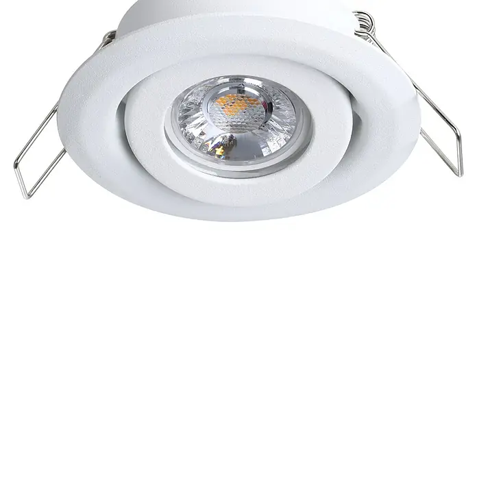 Eglo LED-Einbauleuchten-Set rund SALICETO MINI-PUCK 2 - 4,2 W, Ø x H: 7,7 x 2,3 cm, Weiß, Warmweiß - Nahaufnahme einer weißen, schwenkbaren LED-Einbauleuchte. Sie verfügt über eine moderne Optik und energieeffiziente Beleuchtung.
