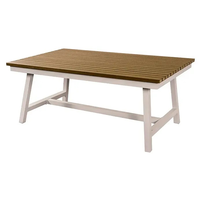 Sunfun Conjunto de muebles Morgana - 4 pzs., Enviro Imitation Wood® / Aluminio, Marrón/Blanco - Mesa rectangular de jardín con tablero de listones marrones y estructura blanca, ideal para uso exterior.