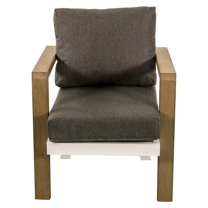 Sunfun Conjunto de muebles Morgana - 4 pzs., Enviro Imitation Wood® / Aluminio, Marrón/Blanco - Cómoda silla con cojines grises y estructura de madera clara, ideal para relajarse al aire libre o en la sala de estar.