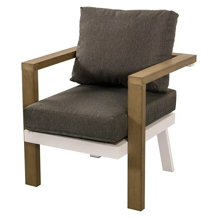 Sunfun Conjunto de muebles Morgana - 4 pzs., Enviro Imitation Wood® / Aluminio, Marrón/Blanco - Elegante sillón con estructura de madera y cojines grises, ideal para interiores y exteriores. Comodidad y diseño combinados.