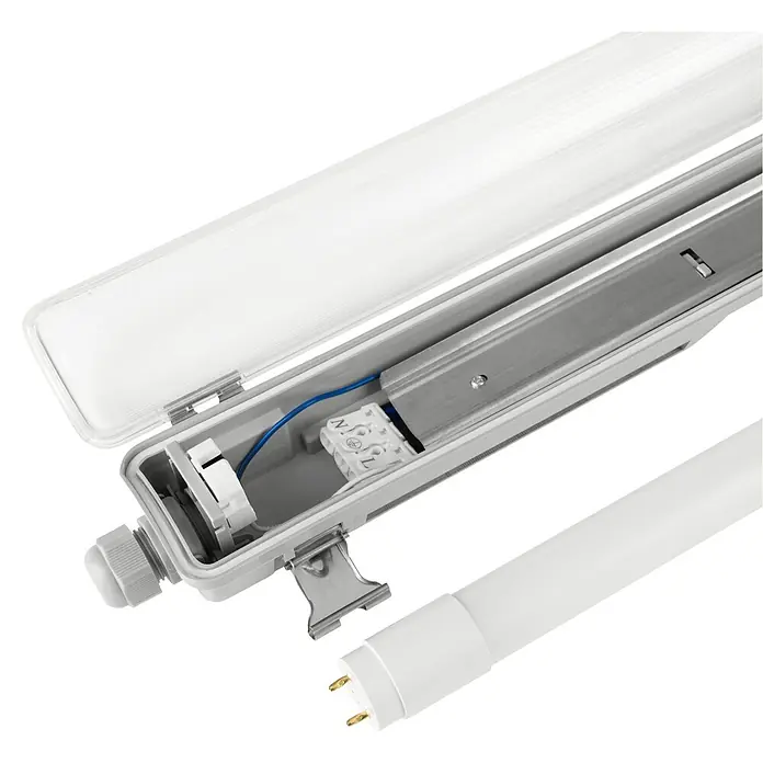 Eglo Feuchtraumleuchte Expert Basic Plus - 10 W, Grau, Neutralweiß, 65 cm, 7,3 cm - Nahaufnahme einer LED-Röhrenleuchte mit geöffnetem Gehäuse, die die interne Verkabelung und Struktur zeigt.