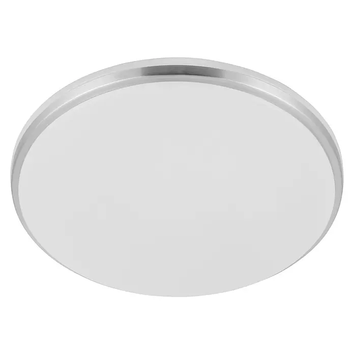 Eglo LED-Deckenleuchte Margidore - 18 W, Weiß, Silber, Warmweiß - Nahaufnahme einer runden, minimalistischen Deckenleuchte mit silbernem Rahmen auf schwarzem Hintergrund. Ideal für modernes Wohndesign.