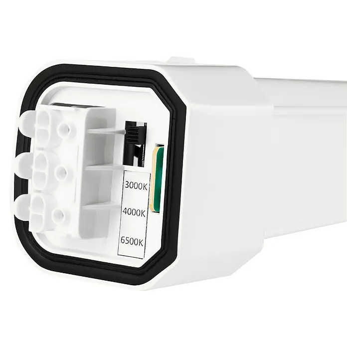 Eglo Feuchtraumleuchte Expert Slim Cct - L x B x H: 110,5 x 5,8 x 5,5 cm, Warmweiß - Weißes Kunststoff-Leuchtenbauteil mit Farbtemperatur-Wahlschalter (3000K, 4000K, 6500K) und schwarzer Dichtung.