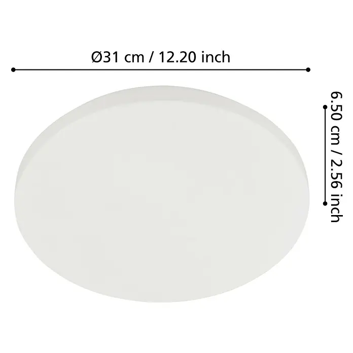 Eglo LED-Deckenleuchte Approdo - 18 W, Weiß, Warmweiß, Durchmesser: 31 cm - Das Bild zeigt eine runde, weiße Deckenleuchte mit den Maßen Ø31 cm und einer Höhe von 6.50 cm. Die Leuchte hat eine schlichte, moderne Optik.
