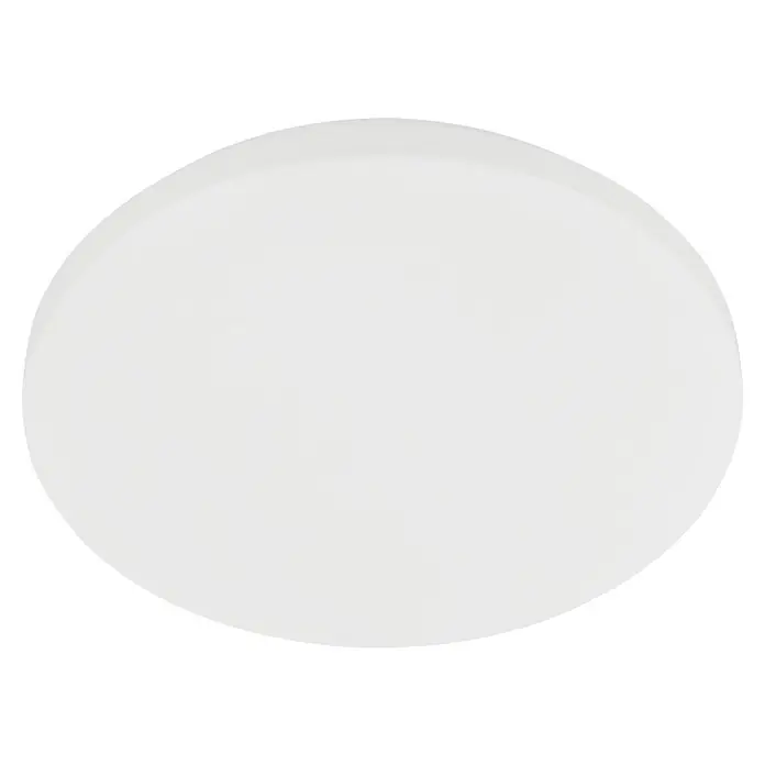 Eglo LED-Deckenleuchte Approdo - 36 W, Weiß, Warmweiß, Durchmesser: 43 cm - Eine Nahaufnahme eines runden, weißen Produkts vor einem schwarzen Hintergrund. Das Produkt ist glatt und reflektierend.