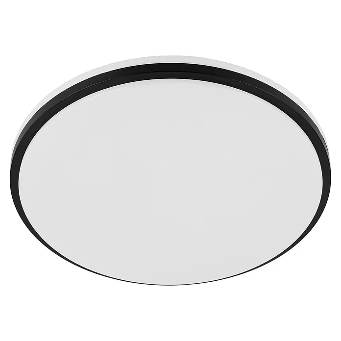 Eglo LED-Deckenleuchte Margidore - 18 W, Weiß, Schwarz, Warmweiß - Nahaufnahme einer runden, minimalistischen Deckenleuchte mit schwarzem Rahmen und neutralweißer Lichtfläche. Perfekt für moderne Wohnräume.
