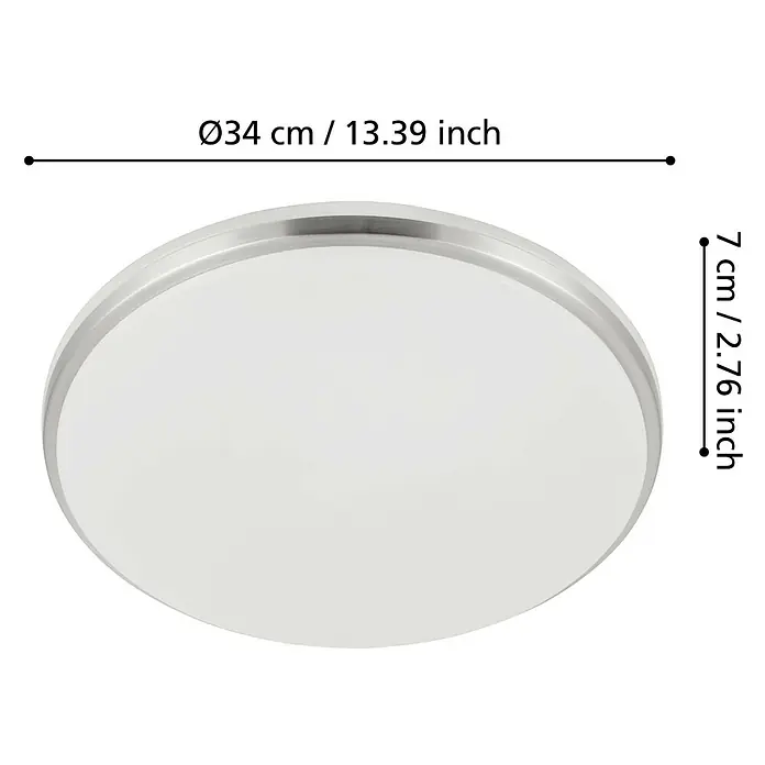 Eglo LED-Deckenleuchte Margidore - 18 W, Weiß, Silber, Warmweiß - Abmessungen der runden Deckenleuchte mit einem Durchmesser von 34 cm und einer Höhe von 7 cm.
