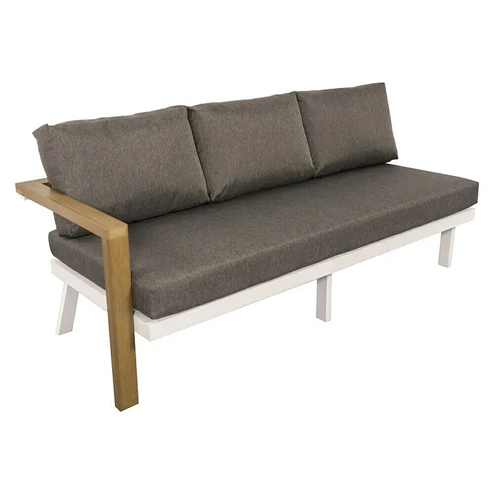 Sunfun Conjunto de muebles Morgana - 4 pzs., Enviro Imitation Wood® / Aluminio, Marrón/Blanco - Elegante sofá de exterior gris con estructura blanca y reposabrazos de madera. El complemento perfecto para tu jardín o patio.