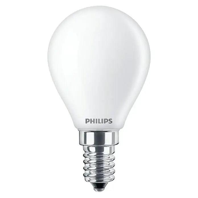 Philips LED-Lampe Tropfen CW - E14, Nicht Dimmbar, Kaltweiß, 470 lm, 40 W - Nahaufnahme einer matten Philips LED-Lampe mit kleinem Edison-Schraubsockel vor schwarzem Hintergrund.
